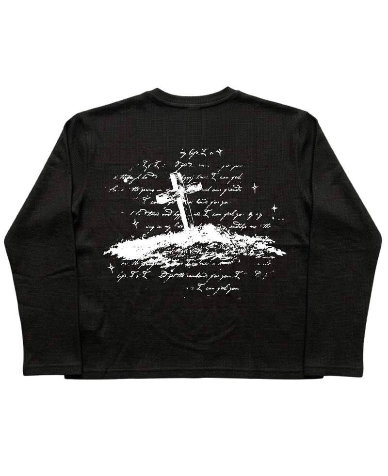 Black Henley waffle knit Back Design